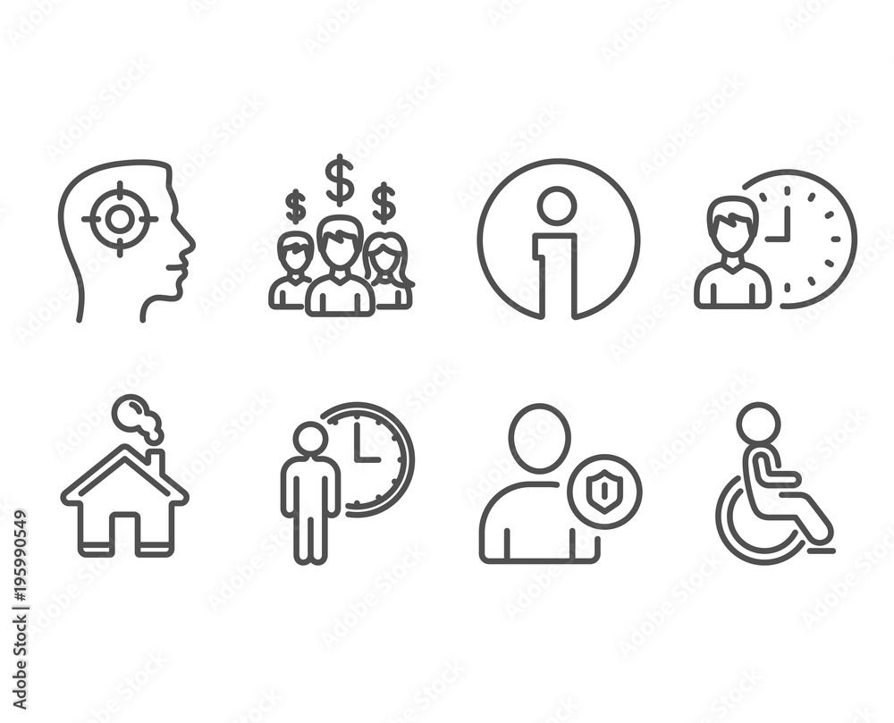 Set of Recruitment, Security and Salary employees icons. Waiting, Working hours and Disabled signs. Headhunter aim, Person protection, People earnings. Vector Set of Recruitment, Security and Salary employees icons. Waiting, Working hours and Disabled signs. Headhunter aim, Person protection, People earnings. Vector