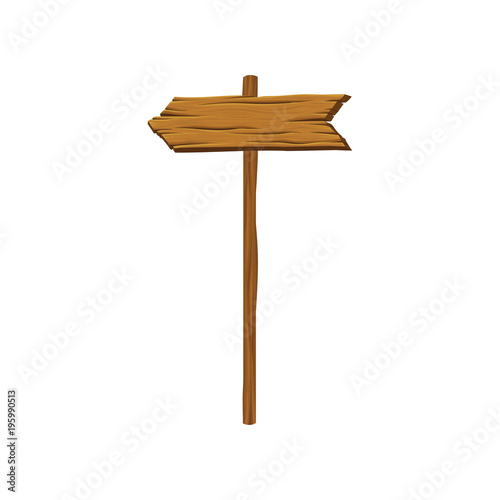 Brown wooden board in shape of arrow. Direction sign. Road signboard pointing to the left. Icon of signpost. Natural texture. Detailed vector element