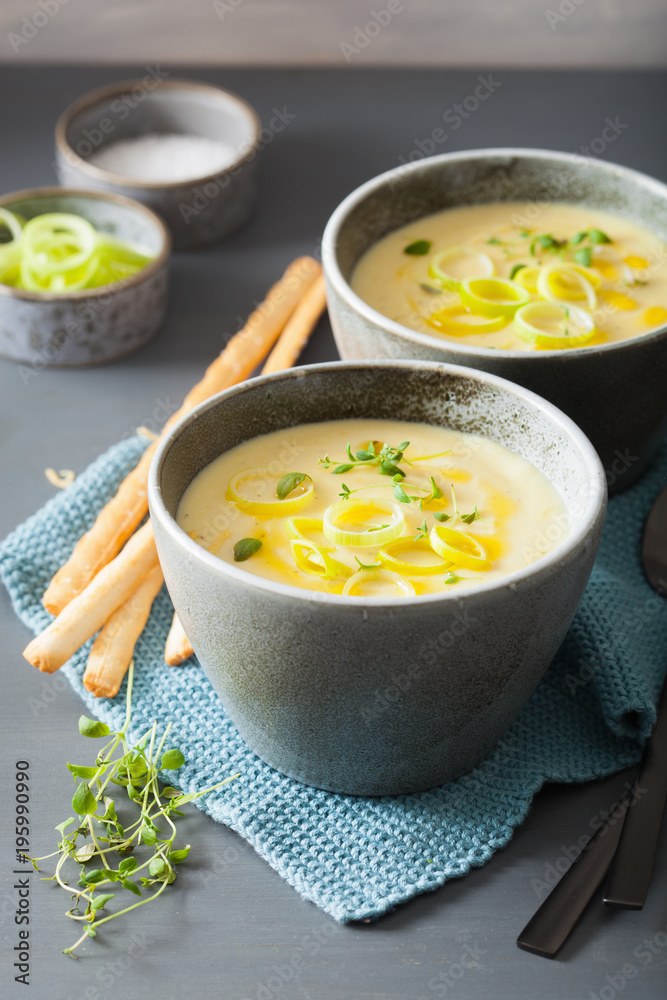 creamy potato and leek soup in bowl creamy potato and leek soup in bowl