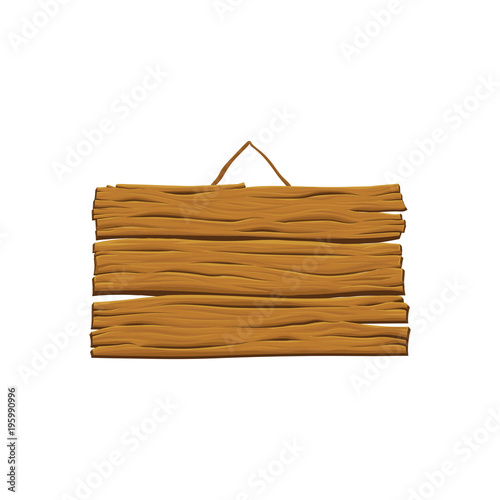 Old hanging signboard with place for your text. Empty wooden sign. Blank billboard made out of wood. Detailed cartoon element for mobile game. Colored vector icon