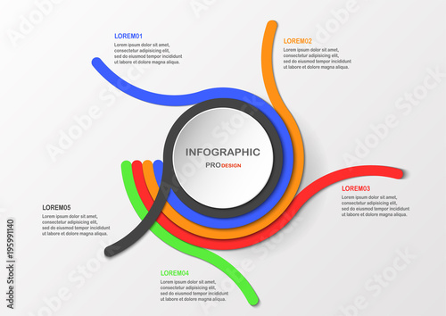 Infographic element with flat art circle and colorful line curve. Text on white and grey background.