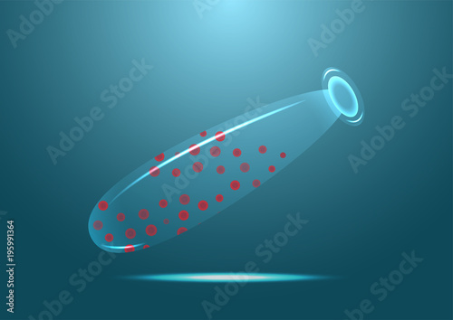 Red blood cell in transparent glass bottle on dark blue background. Science graphic for education of school and university.