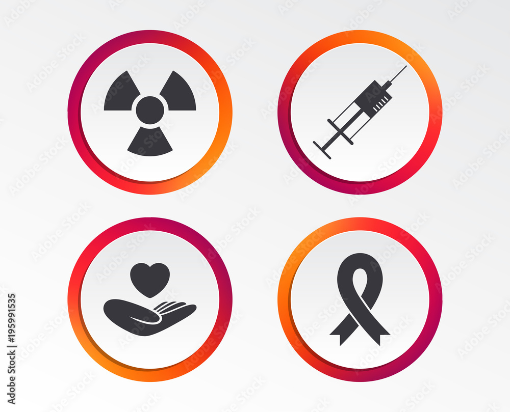 Medicine icons. Syringe, life insurance, radiation and ribbon signs. Breast cancer awareness symbol. Hand holds heart. Infographic design buttons. Circle templates. Vector Medicine icons. Syringe, life insurance, radiation and ribbon signs. Breast cancer awareness symbol. Hand holds heart. Infographic design buttons. Circle templates. Vector