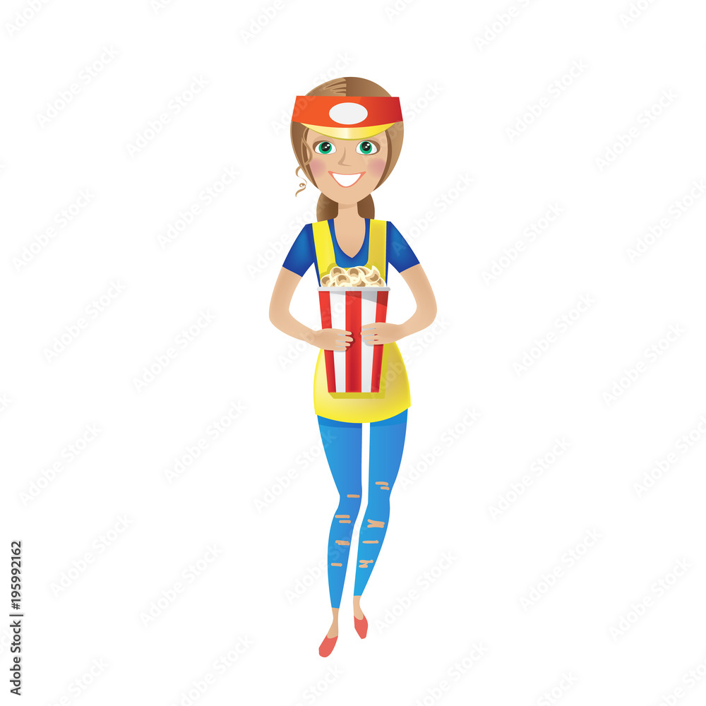Seller of pop corn, in branded clothes and a cap. Seller of pop corn, in branded clothes and a cap.