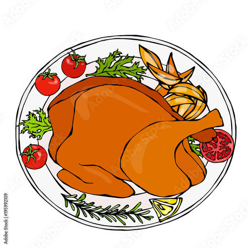 Baked Chicken or Roasted Turkey on a Plate with Potato Wedges, Tomatoes and Herbs. Ready Festive Dinner. Restaurant Menu. Hand Drawn Illustration. Savoyar Doodle Style.