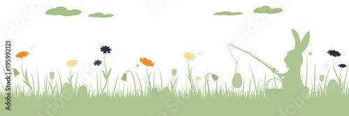 Happy Easter. Field with rabbit fishing Easter eggs, butterfly and flowers.