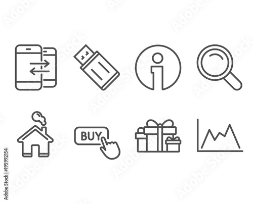 Set of Search, Usb flash and Phone communication icons. Holiday presents, Buy button and Diagram signs. Magnifying glass, Memory stick, Incoming and outgoing calls. Vector