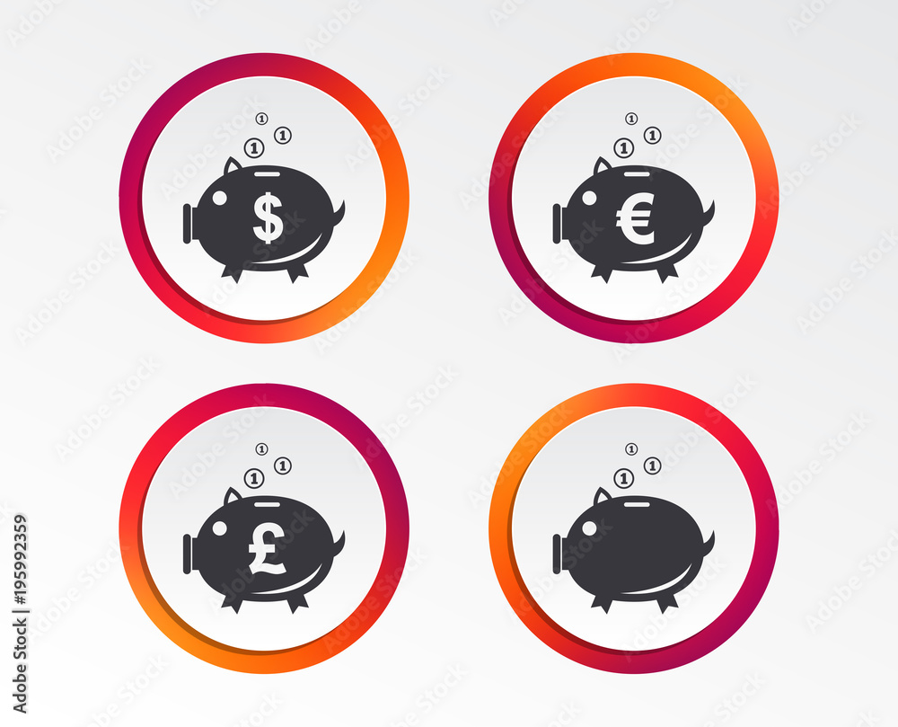 Piggy bank icons. Dollar, Euro and Pound moneybox signs. Cash coin money symbols. Infographic design buttons. Circle templates. Vector Piggy bank icons. Dollar, Euro and Pound moneybox signs. Cash coin money symbols. Infographic design buttons. Circle templates. Vector