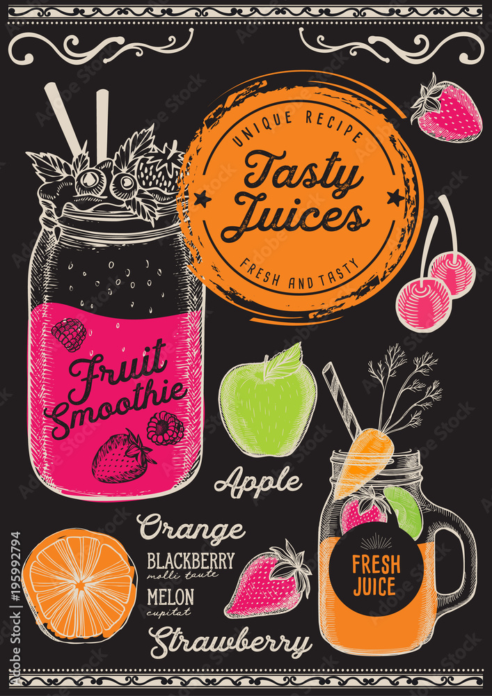 Juice and smoothie restaurant menu. Vector drink flyer for bar and cafe