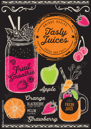 Juice and smoothie restaurant menu. Vector drink flyer for bar and cafe. Design template with hand-drawn fruit illustrations.