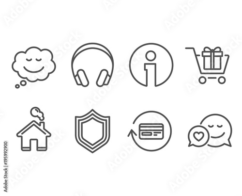 Set of Refund commission, Shopping cart and Speech bubble icons. Security, Headphones and Dating signs. Cashback card, Gift box, Comic chat. Protection shield, Music listening device, Love messenger
