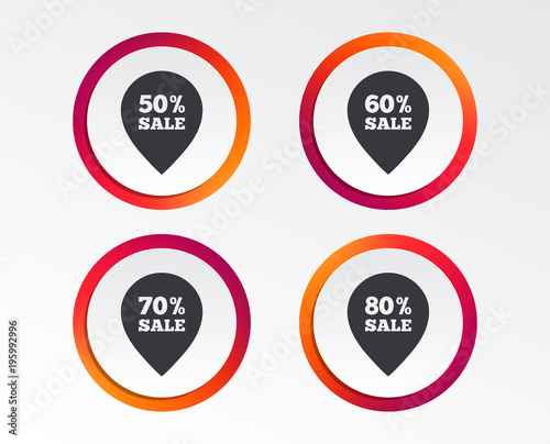 Sale pointer tag icons. Discount special offer symbols. 50%, 60%, 70% and 80% percent sale signs. Infographic design buttons. Circle templates. Vector