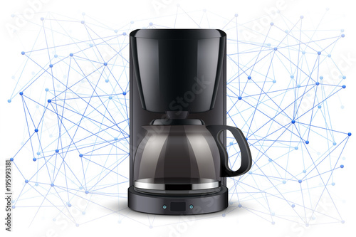 Concept of Blockchain IOT and food industry. Coffee maker on abstract background. Editable Vector illustration.