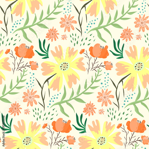 Bright red and orange floral summer seamless pattern. Tender light hand drawn texture with cute flowers  leaves  waterdrops for textile  wrapping paper  print design  wallpaper  surface