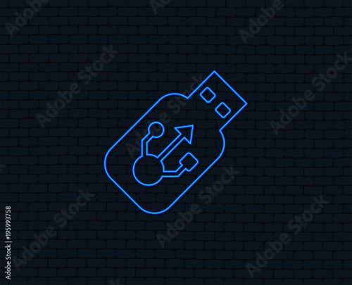 Neon light. Usb sign icon. Usb flash drive stick symbol. Glowing graphic design. Brick wall. Vector