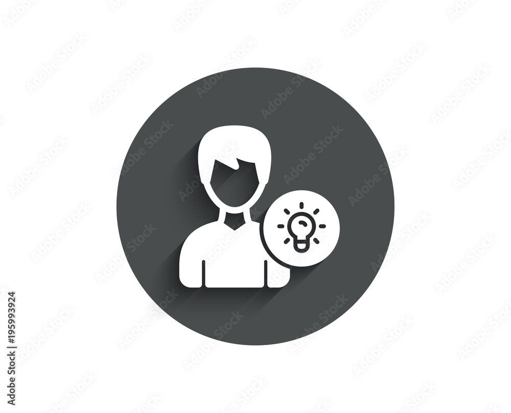 User simple icon. Profile with Lamp bulb sign. Male Person silhouette with idea symbol. Circle flat button with shadow. Vector User simple icon. Profile with Lamp bulb sign. Male Person silhouette with idea symbol. Circle flat button with shadow. Vector