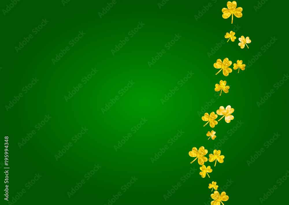 Clover background for Saint Patricks Day.  Lucky trefoil confetti. Glitter frame of shamrock leaves. Template for party invite, retail offer and ad. Greeting clover background.