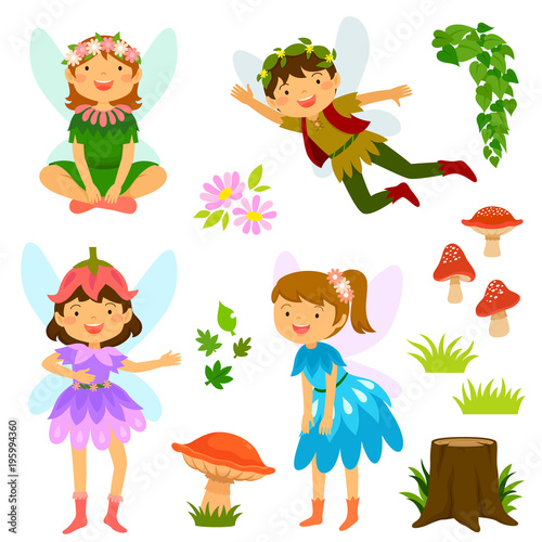 Cute cartoon fairies with mushrooms and other decorative elements