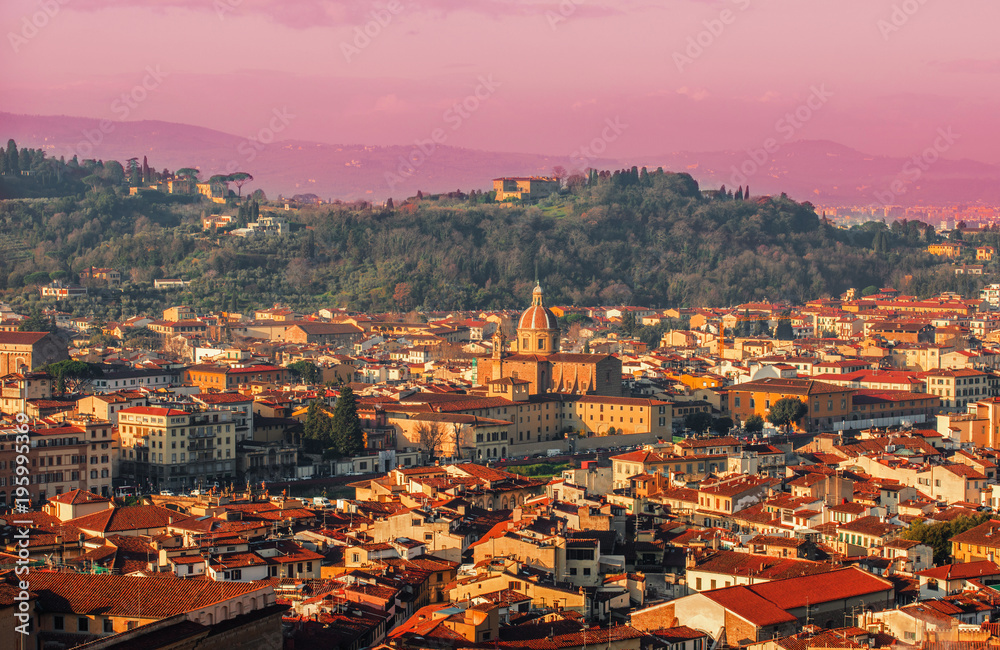Fototapeta premium Panorama of Florence, Italy at beautiful sunset. Florence city skyline,