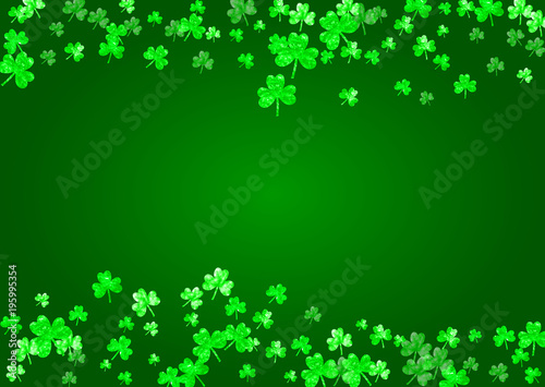 Shamrock background for Saint Patricks Day.  Lucky trefoil confetti. Glitter frame of clover leaves. Template for gift coupons, vouchers, ads, events. Decorative shamrock background.