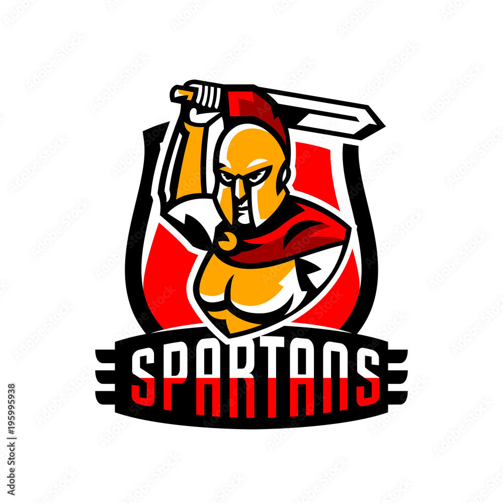 Emblem, logo, badge, Spartan with a sword. Ancient Greek warrior, gold armor, hoplite, Corinthian helmet, soldier, shield. Vector illustration Emblem, logo, badge, Spartan with a sword. Ancient Greek warrior, gold armor, hoplite, Corinthian helmet, soldier, shield. Vector illustration