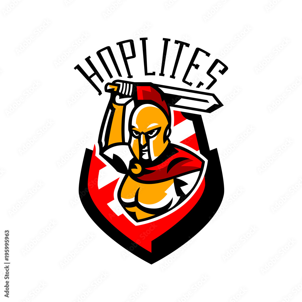 Emblem, logo, badge, Spartan with a sword. Ancient Greek warrior, gold armor, hoplite, Corinthian helmet, soldier, shield. Vector illustration