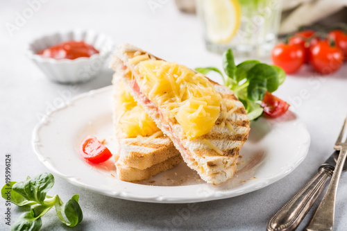 Hot fresh hawaii toast sandwich with ham, pineapple, tomato and cheese. Healthy summer food concept.