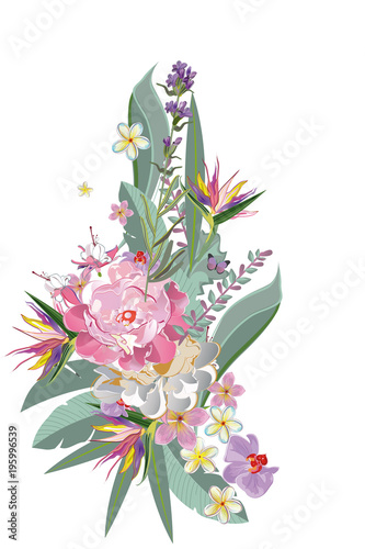 Fototapeta Naklejka Na Ścianę i Meble -  Series of greeting backgrounds with summer and spring flowers. Floral decorations with peonies, roses and dahlias. Vector illustration. 
