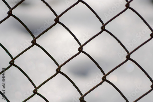 Close-up texture of a wire mesh fence and grey background
