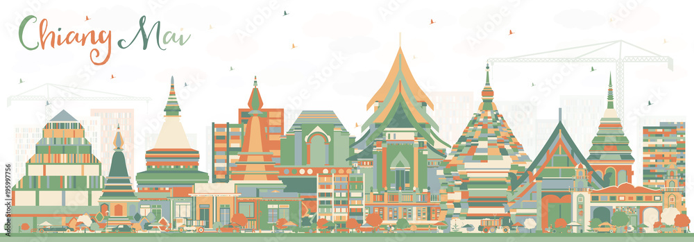 Chiang Mai Thailand City Skyline with Color Buildings.