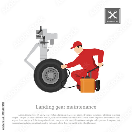 Repair and maintenance of aircraft. Engineer with hand pump for landing gear. Industrial drawing of plane part in flat style