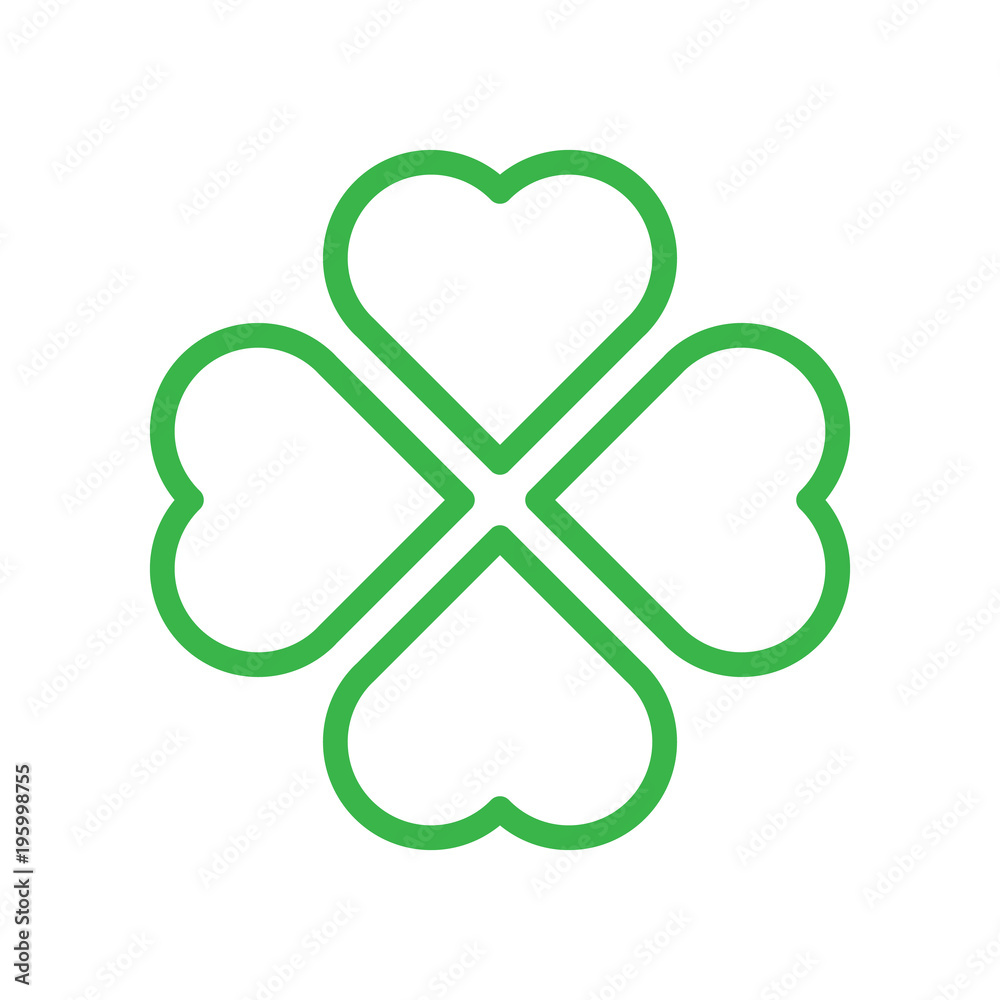 Shamrock silhouette - green outline four leaf clover icon. Good luck theme design element. Simple geometrical shape vector illustration.