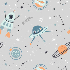 Crédence de cuisine Cosmos patrons Cosmos gris doux étoiles et météorites  © cheremuha