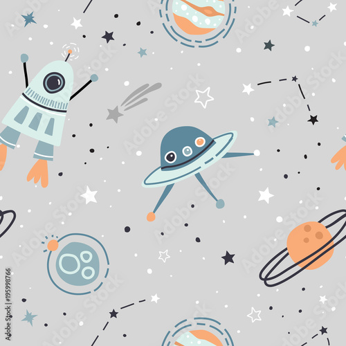 Seamless childish pattern with hand drawn space elements space, satellite, planet, rocket, black and white stars, space probe, constellations, meteorite. Trendy kids light grey vector background.