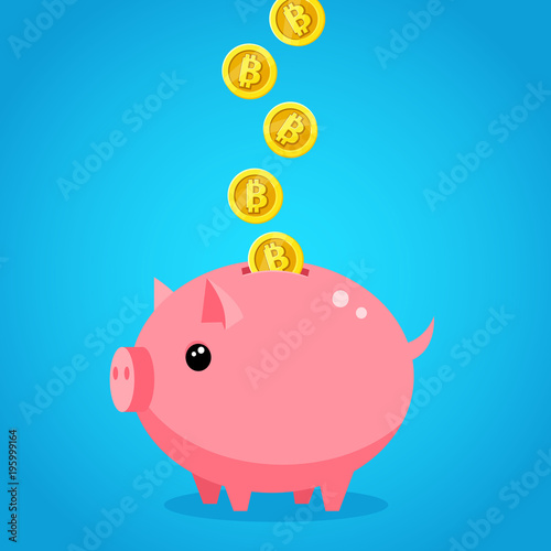 Hand putting bitcoin dollar into saving piggy bank photo