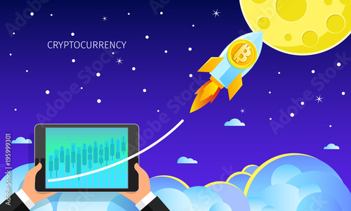 Concept of Crypto-currency. Rocket flying to the moon with bitcoin icon.