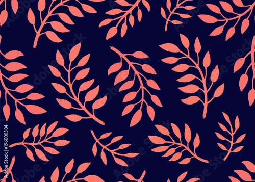 Seamless Floral Pattern. Bright pattern with branches in coral and navy colors. Floral seamless background for textile, fabric, covers, manufacturing, scrapbooking, wallpapers, print, gift wrapping