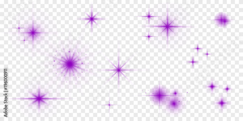Vector glowing lights effect, flare, explosian and stars. Special effect isolated on transparent background. Violet. photo