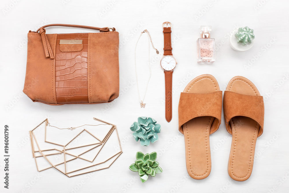 Summer street style. Fashion summer girl clothes set, accessories. Trendy slippers, handbag clutch,  watch. Summer lady. Creative urban overhead summer top view - obrazy, fototapety, plakaty 