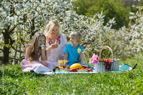 Happy young family has picnic in beautiful blooming cherry garden on a sunny day
