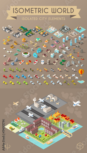 Set of Isolated Isometric Minimal City Elements . Town with Shadows on Dark Background