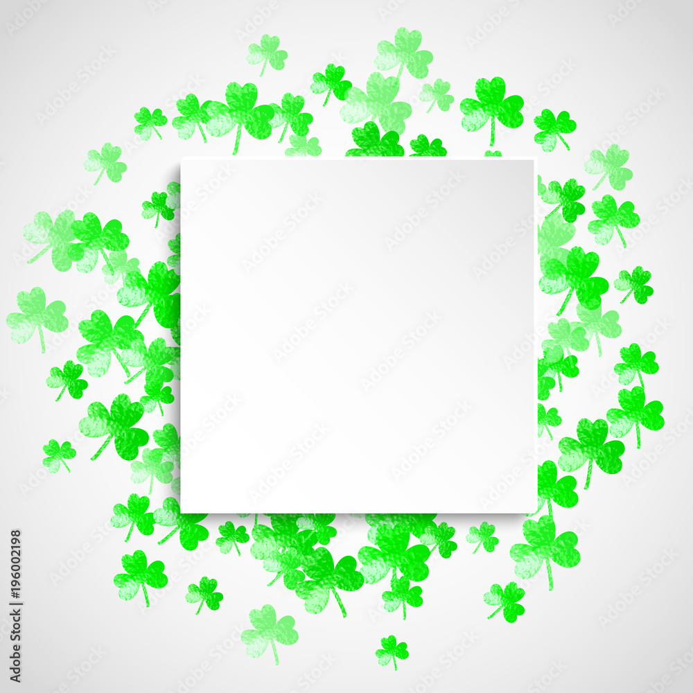 St patricks paper plate with shamrock. Lucky trefoil confetti. Glitter frame of clover leaves. Template for voucher, special business ad, banner. Merry st patricks paper plate backdrop.