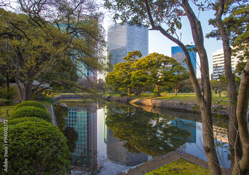 Hamarikyu  garden near  skyscrapers . Great   contrast   of  nature  and  urban   TOKYO. JAPAN
