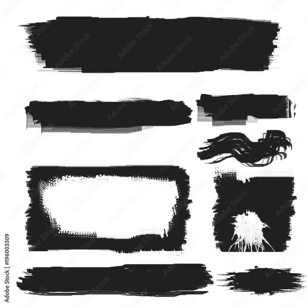 Set of black paint, ink brush strokes and lines isolated on white background. Dirty artistic design elements.