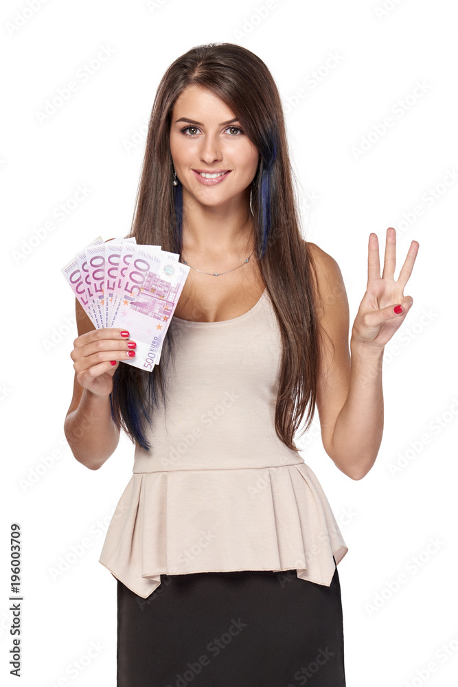 Woman with euro money paper currency in hand showing three fingers, over white background Woman with euro money paper currency in hand showing three fingers, over white background