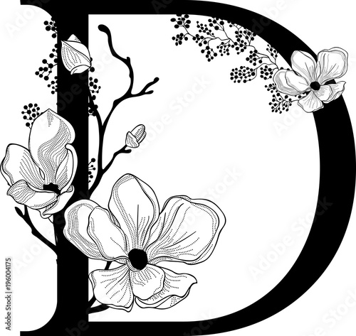 Vector Hand Drawn floral D monogram and logo