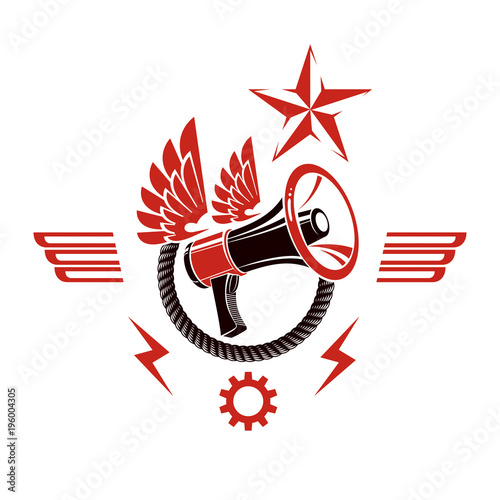Decorative vector emblem composed with winged loudspeaker and rope. Propaganda as the means of manipulation and control, no restrictions conceptual emblem.