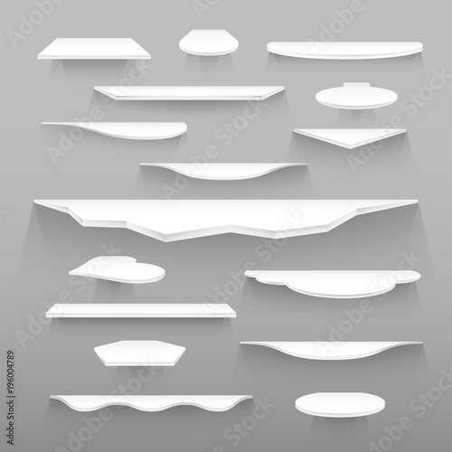Empty white shelves of various forms and sizes with realistic dual transparent shadows, trendy design elements set for online store, advertisement or product presentation