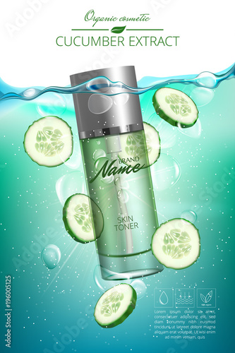 Advertising poster for cosmetic product for catalog, magazine. Design of cosmetic package. Water background with bubbles. Toner, cream, gel, body lotion with cucumber extract .