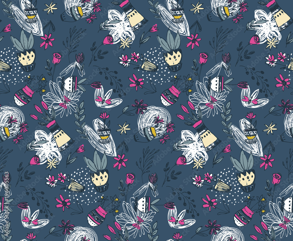 Seamless pattern with hand drawn floral nature motif and spring elements